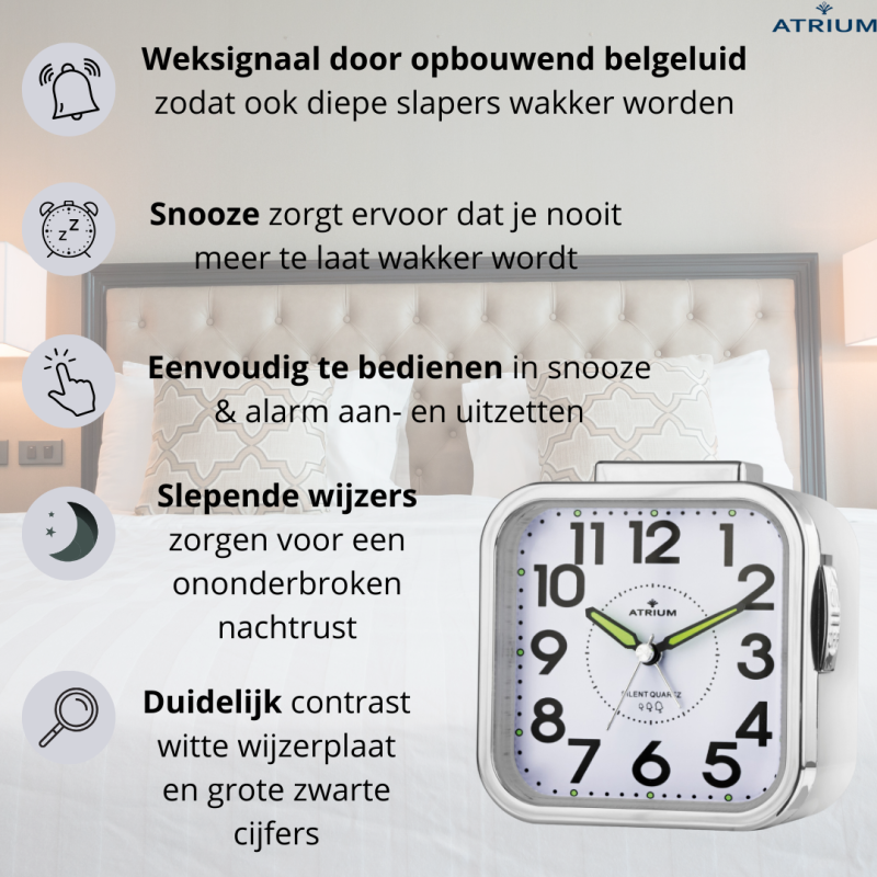 ATRIUM Wekker - Senioren - Analoog - Wit - Duidelijk - Eenvoudig in gebruik - A530-0