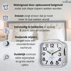 ATRIUM Wekker - Senioren - Analoog - Zilver - Duidelijk - Eenvoudig in gebruik