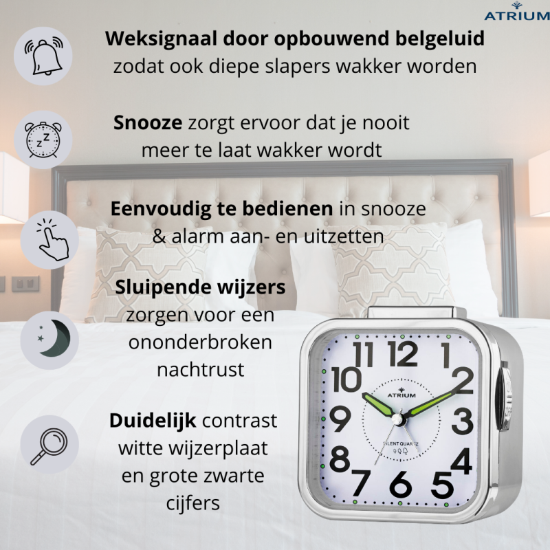 ATRIUM Alarm Clock - Seniors - Analogue - Silver - Clear - Easy to use - A530-19