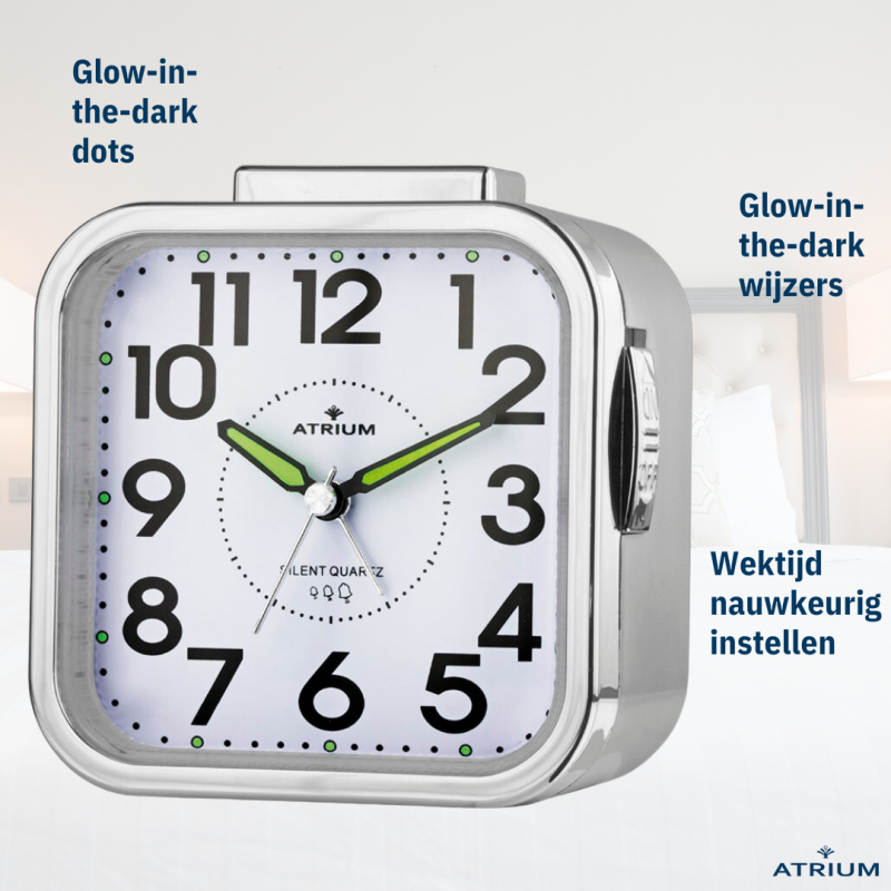 ATRIUM Wekker - Senioren - Analoog - Zilver - Duidelijk - Eenvoudig in gebruik