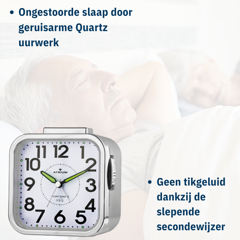 ATRIUM Wekker - Senioren - Analoog - Zilver - Duidelijk - Eenvoudig in gebruik