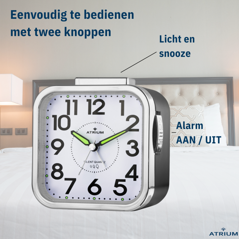 ATRIUM Wekker - Senioren - Analoog - Zwart - Duidelijk - Eenvoudig in gebruik