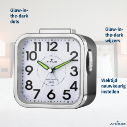 ATRIUM Alarm Clock - Seniors - Analogue - Black - Clear - Easy to use