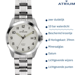 ATRIUM Horloge - Heren - Staalband - Wijzerblad Wit - Datum - Edelstaal - 10 bar - A16-30