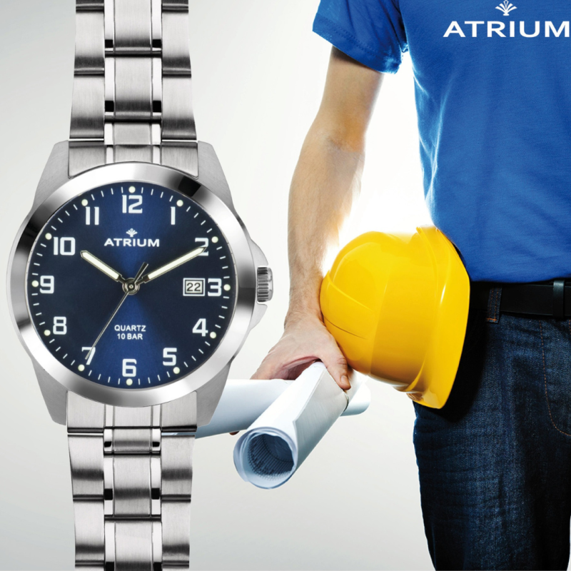ATRIUM Horloge - Heren - Staalband - Wijzerblad Blauw - Datum - Edelstaal - 10 bar - A16-35