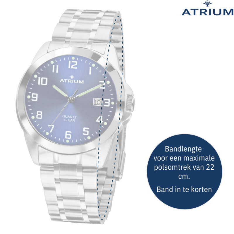 ATRIUM Horloge - Heren - Edelstaal - Staalband - 10 Bar - Analoog - Blauw Wijzerblad - Datum