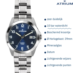 ATRIUM Horloge - Heren - Edelstaal - Staalband - 10 Bar - Analoog - Blauw Wijzerblad - Datum