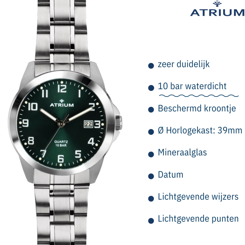 ATRIUM Horloge - Heren - Edelstaal - Staalband - Groen Wijzerblad - 10 Bar - Analoog - Datum - British Racing Green