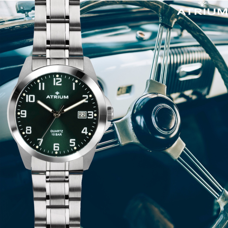 ATRIUM Uhr - Herren - Stahlband - Grünes Zifferblatt - Datum - Edelstahl - 10 bar - British Racing Green - A16-36 ATRIUM Uhr - Herren - Stahlband - Grünes Zifferblatt - Datum - Edelstahl - 10 bar - British Racing Green - A16-36