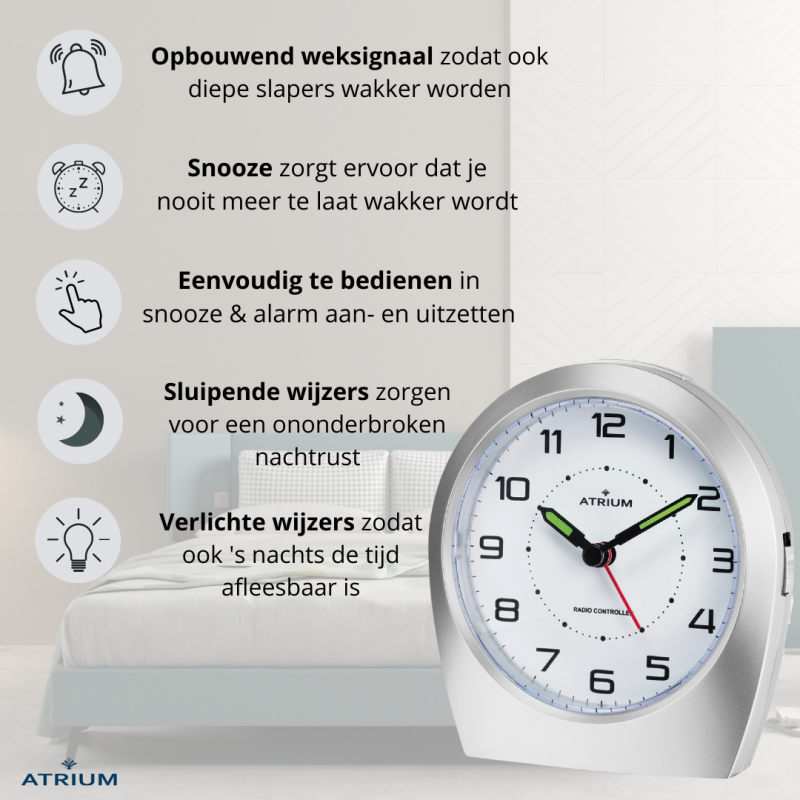 ATRIUM wekker - Radiogestuurd - Analoog - Zilver - Opbouwende Pieptoon - Snooze - Eenvoudig
