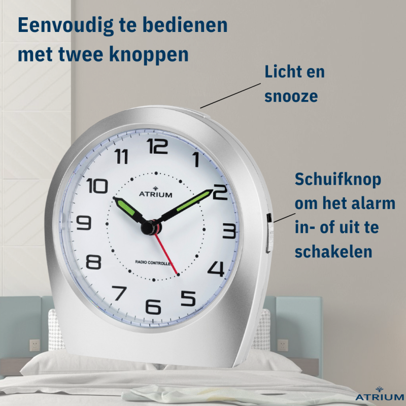 ATRIUM Alarm Clock - Radio-controlled- Analogue - Silver - Buidl-up Beep - Snooze - Easy to use