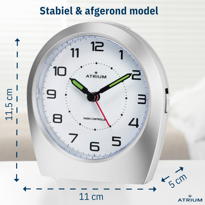 ATRIUM wekker - Radiogestuurd - Analoog - Zilver - Opbouwende Pieptoon - Snooze - Eenvoudig
