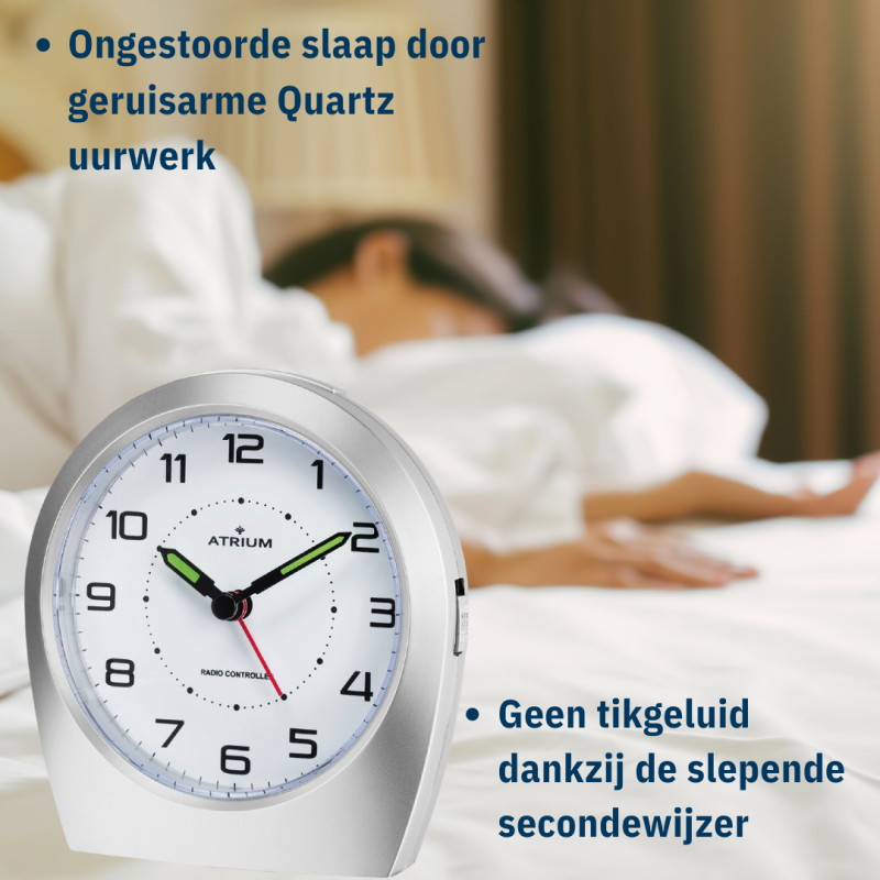 ATRIUM Alarm Clock - Radio-controlled- Analogue - Silver - Buidl-up Beep - Snooze - Easy to use