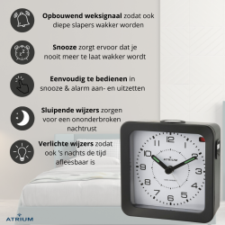 ATRIUM Wekker - Radiogestuurd - Analoog - Black - Opbouwende Pieptoon - Snooze - A660-7