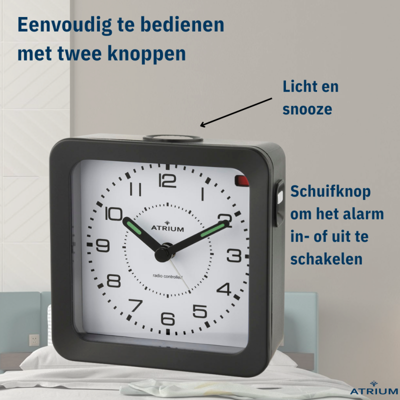 ATRIUM Wekker - Radiogestuurd - Analoog - Zwart - Opbouwende Pieptoon - Snooze - A660-7