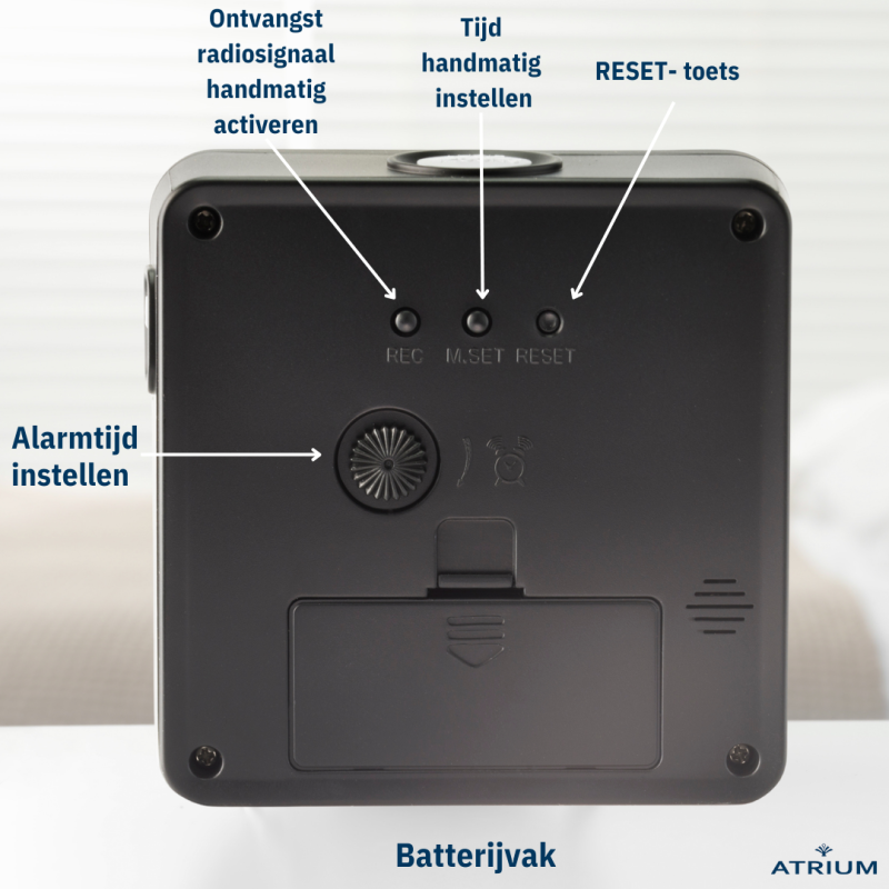 ATRIUM Alarm Clock - Radio-controlled - Analogue - Black - Build-up Beep - Snooze - Easy to Use