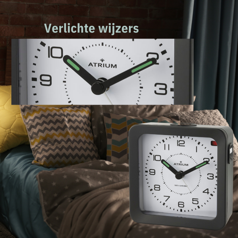 ATRIUM Wekker - Radiogestuurd - Analoog - Black - Opbouwende Pieptoon - Snooze