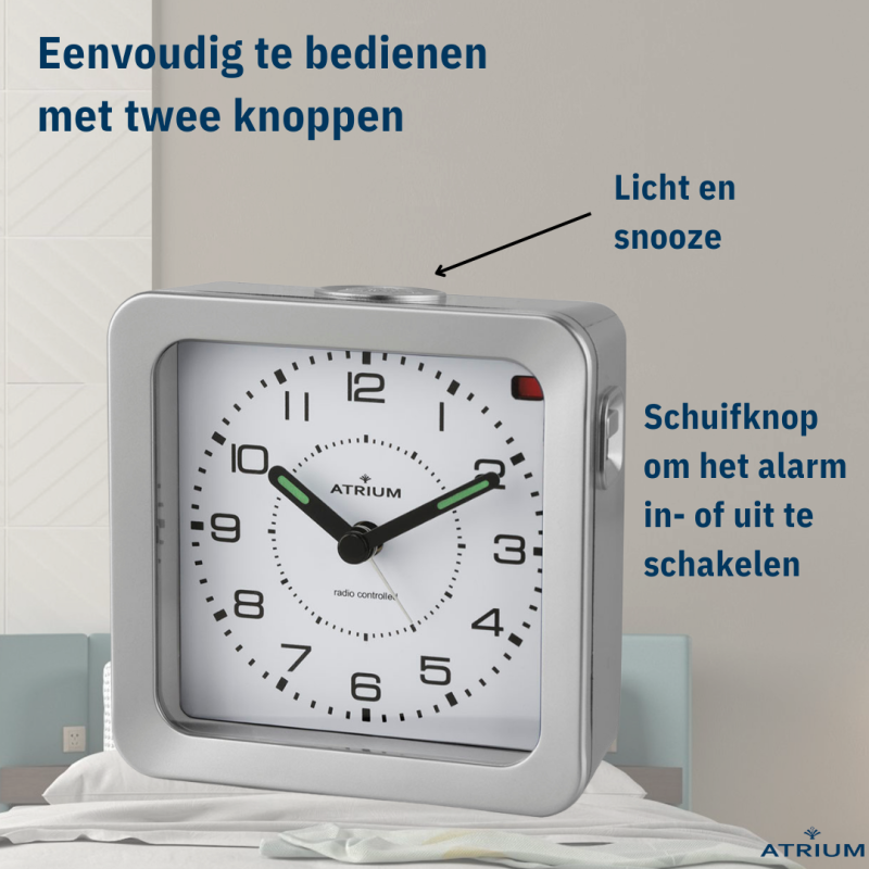 ATRIUM Wekker - Radiogestuurd - Analoog - Zilver - Opbouwende Pieptoon - Snooze
