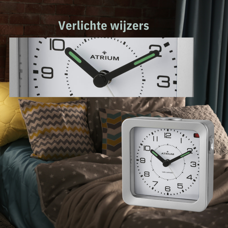 ATRIUM Wekker - Radiogestuurd - Analoog - Zilver - Opbouwende Pieptoon - Snooze