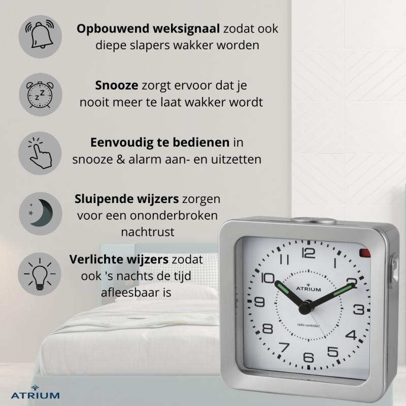 ATRIUM Wekker - Radiogestuurd - Analoog - Zilver - Opbouwende Pieptoon - Snooze - A660-19