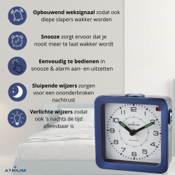ATRIUM Wekker - Radiogestuurd - Analoog - Blue - Opbouwende Pieptoon - Snooze - A660-5