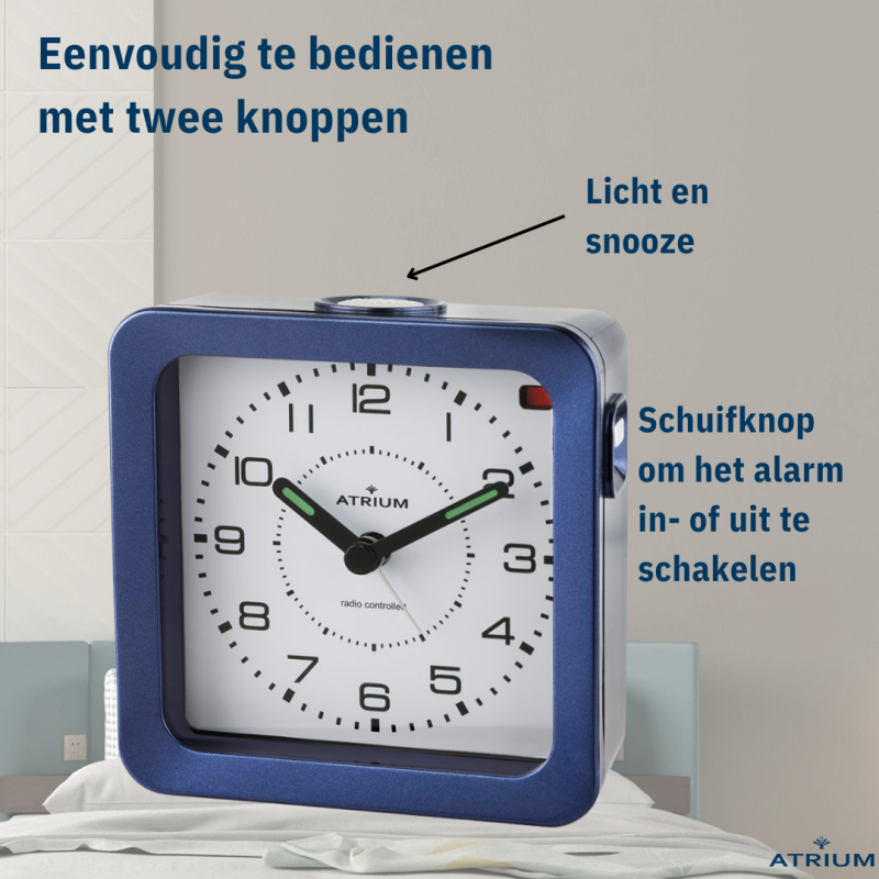 ATRIUM Wekker - Radiogestuurd - Analoog - Blauw - Opbouwende Pieptoon - Snooze