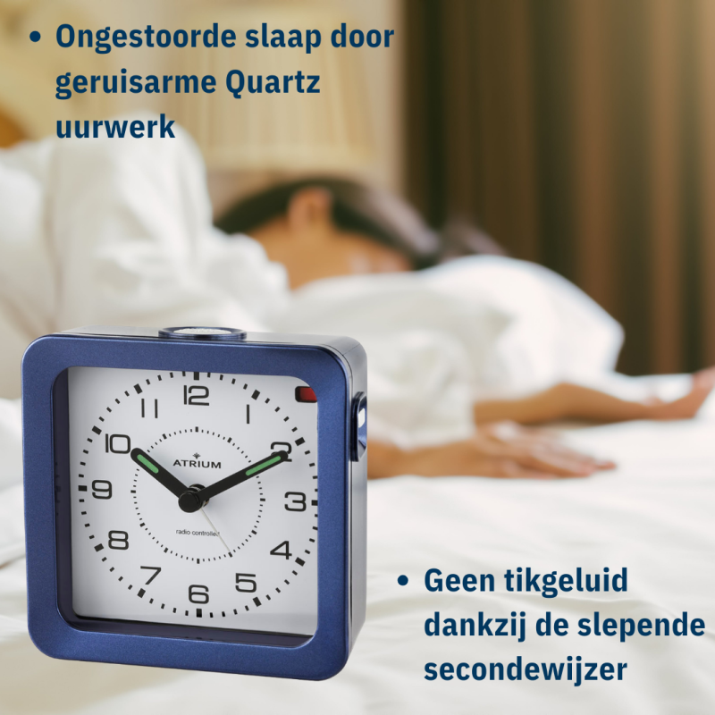 ATRIUM Wekker - Radiogestuurd - Analoog - Blue - Opbouwende Pieptoon - Snooze