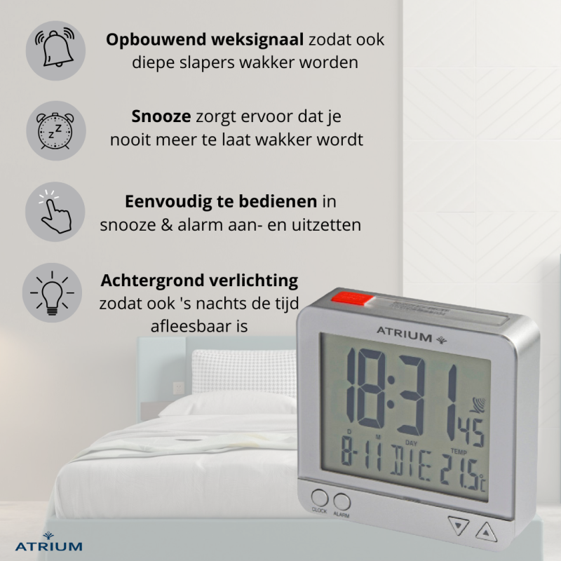 ATRIUM wekker - Radiogestuurd - Digitaal - Zilver - A740-19