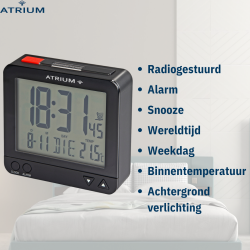 ATRIUM wekker - Radiogestuurd - Digitaal - Zwart - A740-7