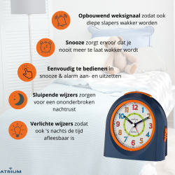 ATRIUM Children's Alarm Clock - Analogue - Dark Blue - No Ticking Sound - Illuminated - Uplifting Beep Tone - Alarm & Snooze