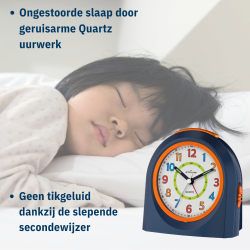 ATRIUM Kinderwekker - Analoog - Donkerblauw - Wekker zonder Tikgeluid - Verlicht - Opbouwende Pieptoon - Alarm & Snooze