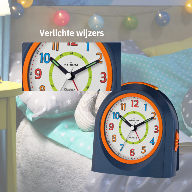 ATRIUM Children's Alarm Clock - Analogue - Dark Blue - No Ticking Sound - Illuminated - Uplifting Beep Tone - Alarm & Snooze