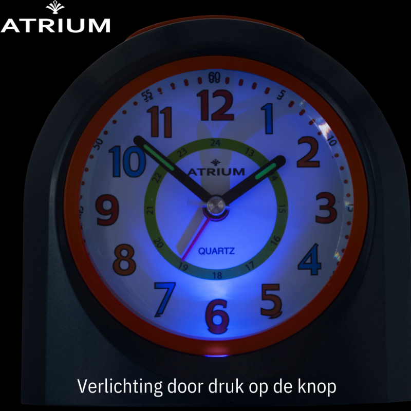 ATRIUM Kinderwekker - Analoog - Donkerblauw - Wekker zonder Tikgeluid - Verlicht - Opbouwende Pieptoon - Alarm & Snooze