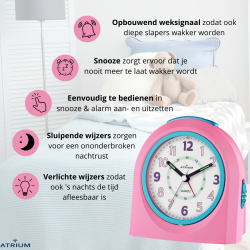 ATRIUM Kinderwekker - Analoog - Roze & Blauw - Wekker zonder Tikgeluid - Verlicht - Opbouwende Pieptoon - Alarm & Snooze 