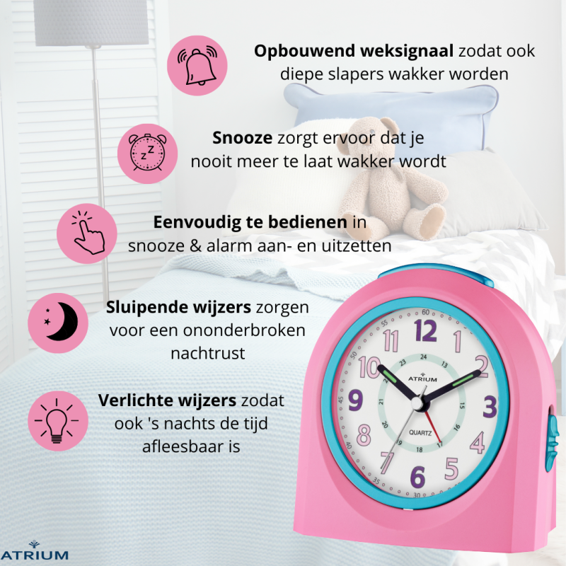 ATRIUM Children's Alarm Clock - Analogue - Pink & Blue - No Ticking Sound - Uplifting Beep Tone - Alarm & Snooze 