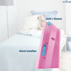 ATRIUM Children's Alarm Clock - Analogue - Pink & Blue - No Ticking Sound - Uplifting Beep Tone - Alarm & Snooze 