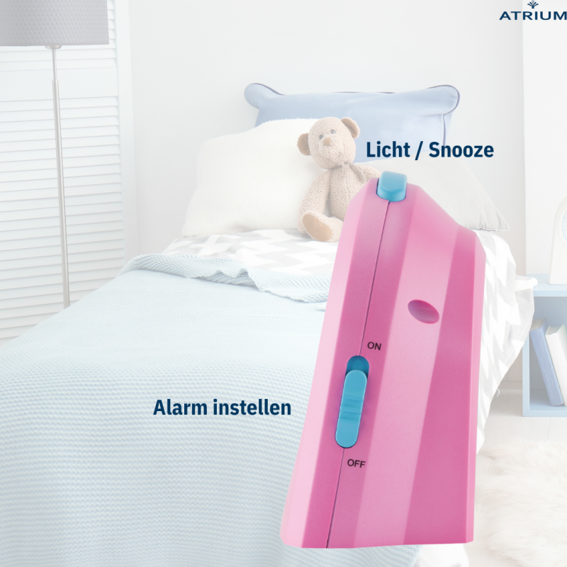ATRIUM Kinderwekker - Analoog - Roze & Blauw - Wekker zonder Tikgeluid - Verlicht - Opbouwende Pieptoon - Alarm & Snooze 