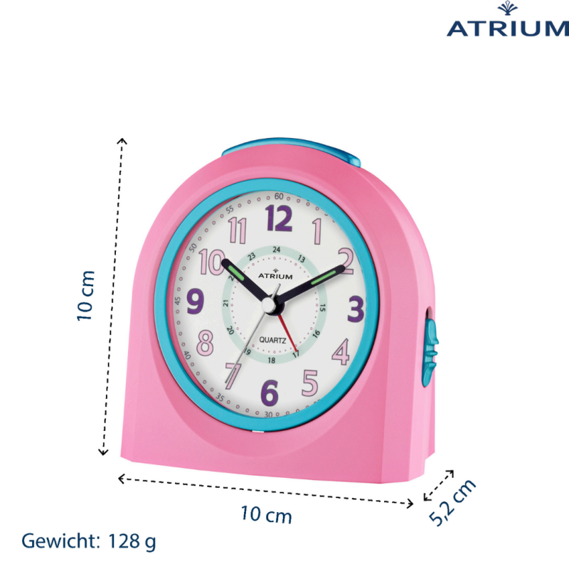 ATRIUM Children's Alarm Clock - Analogue - Pink & Blue - No Ticking Sound - Uplifting Beep Tone - Alarm & Snooze 