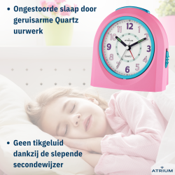 ATRIUM Kinderwekker - Analoog - Roze & Blauw - Wekker zonder Tikgeluid - Verlicht - Opbouwende Pieptoon - Alarm & Snooze 