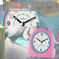 ATRIUM Children's Alarm Clock - Analogue - Pink & Blue - No Ticking Sound - Uplifting Beep Tone - Alarm & Snooze 