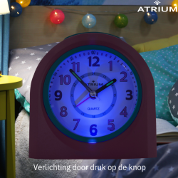 ATRIUM Children's Alarm Clock - Analogue - Pink & Blue - No Ticking Sound - Uplifting Beep Tone - Alarm & Snooze 