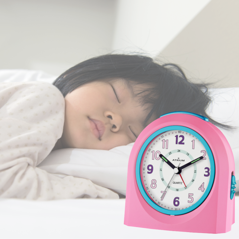 ATRIUM Children's Alarm Clock - Analogue - Pink & Blue - No Ticking Sound - Uplifting Beep Tone - Alarm & Snooze 