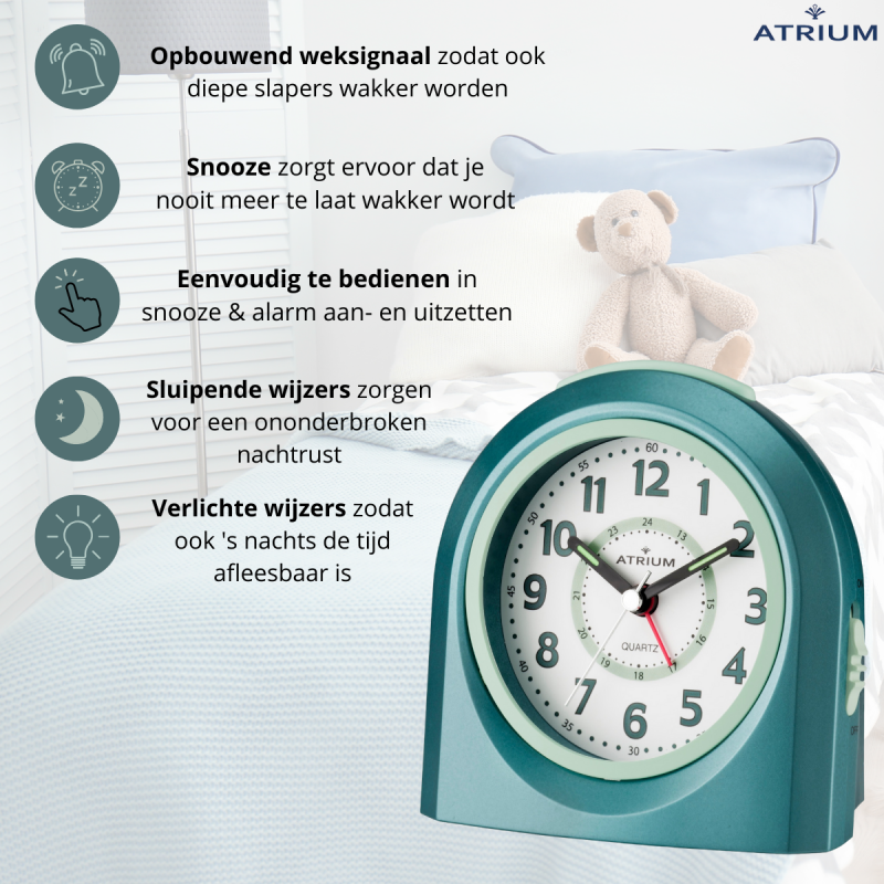 Atrium Kinderwekker - Analoog - Turquoise - Wekker zonder Tikgeluid - Opbouwende Pieptoon - Snooze & Alarm