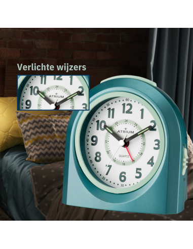 Atrium Kinderwekker - Analoog - Turquoise - Wekker zonder Tikgeluid - Opbouwende Pieptoon - Snooze & Alarm