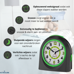 ATRIUM Children's Alarm Clock - Analogue - Black - No Ticking Sound - Illuminated - Uplifting Beep Tone - Alarm & Snooze 
