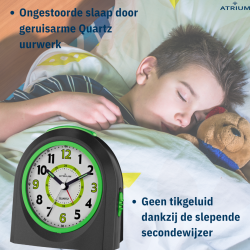 ATRIUM Children's Alarm Clock - Analogue - Black - No Ticking Sound - Illuminated - Uplifting Beep Tone - Alarm & Snooze 