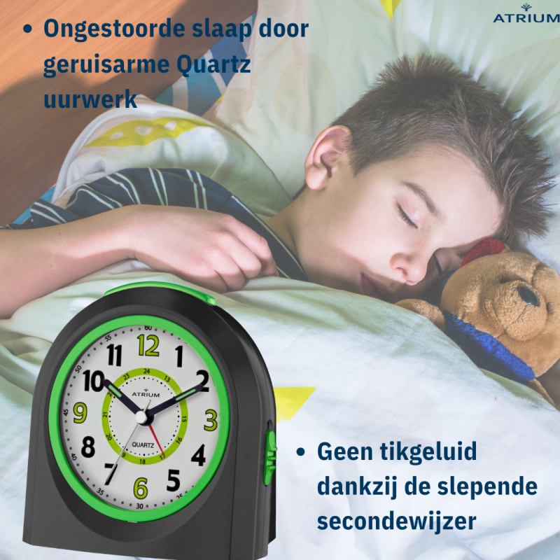 ATRIUM Children's Alarm Clock - Analogue - Black - No Ticking Sound - Illuminated - Uplifting Beep Tone - Alarm & Snooze 