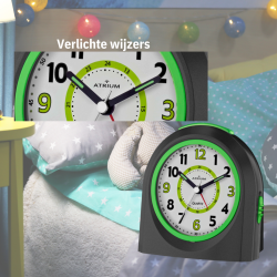 ATRIUM Children's Alarm Clock - Analogue - Black - No Ticking Sound - Illuminated - Uplifting Beep Tone - Alarm & Snooze 