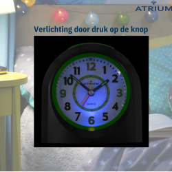 ATRIUM Children's Alarm Clock - Analogue - Black - No Ticking Sound - Illuminated - Uplifting Beep Tone - Alarm & Snooze 