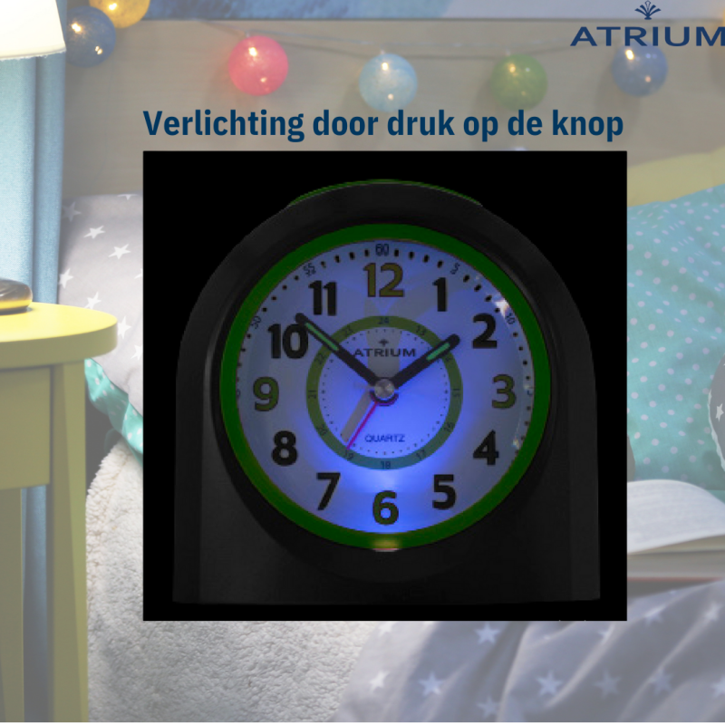 ATRIUM Children's Alarm Clock - Analogue - Black - No Ticking Sound - Illuminated - Uplifting Beep Tone - Alarm & Snooze 